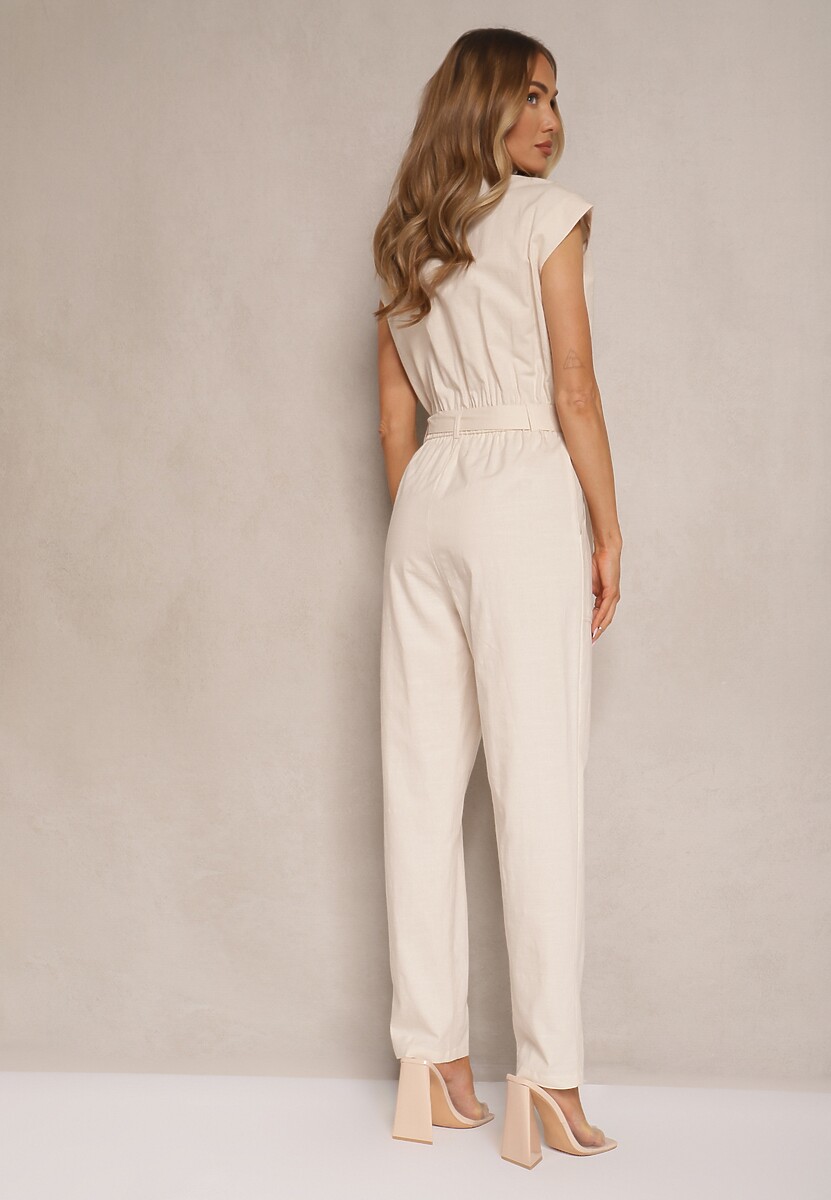 Beżowy Koszulowy Kombinezon z Wiskozą Zdobiony Napami i Wiązanym Paskiem Sepirise