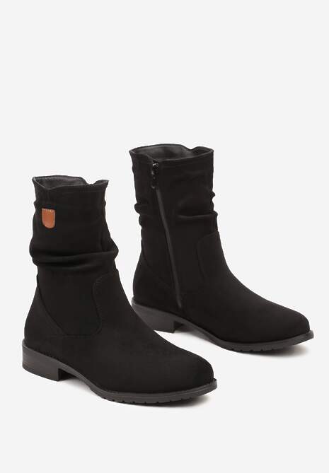 Czarne Botki  do Połowy Łydki z Imitacji Zamszu i Marszczoną Cholewką Alemiphae