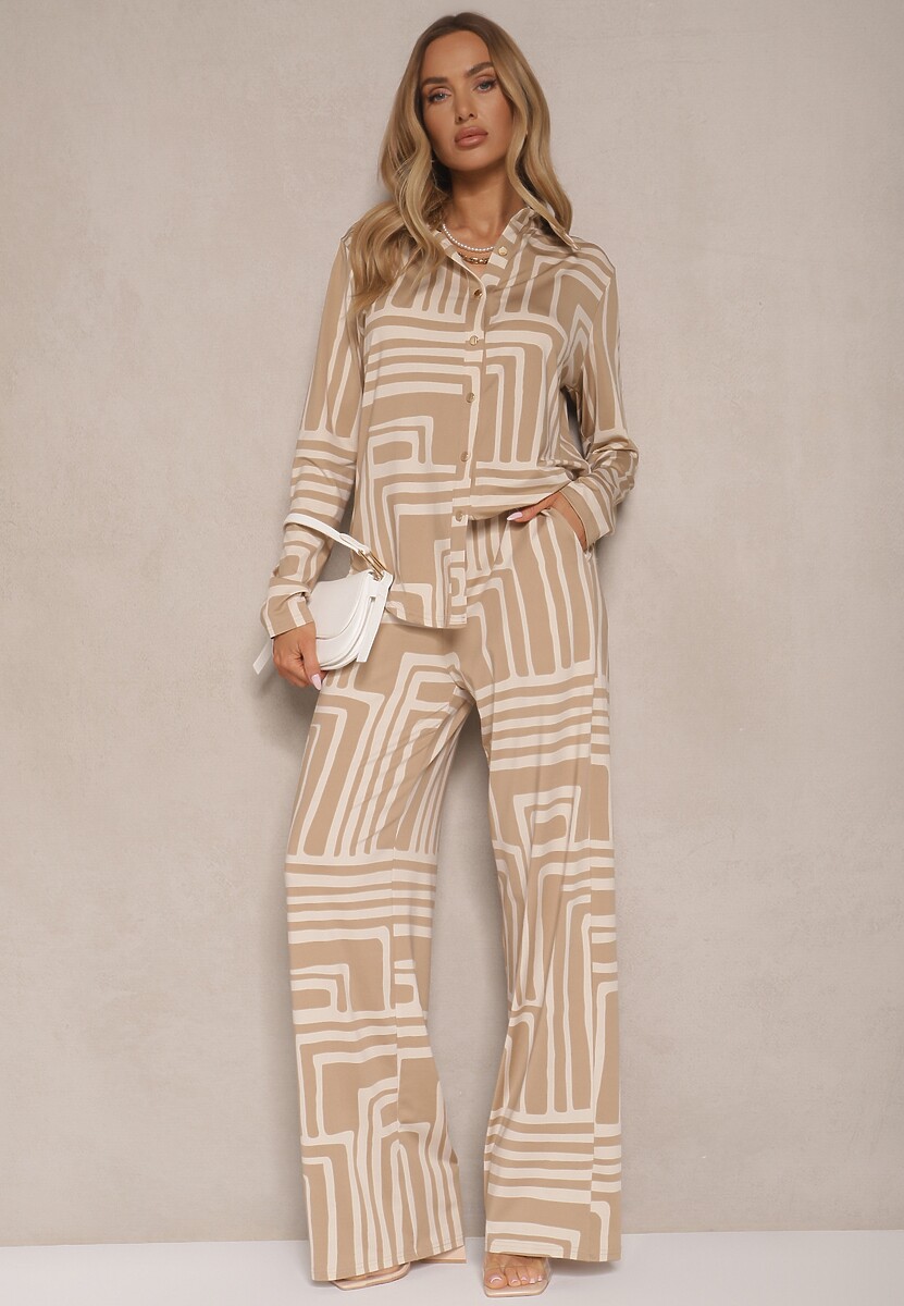 Beżowa Koszula z Wiskozą i Geometrycznym Motywem Ulselia