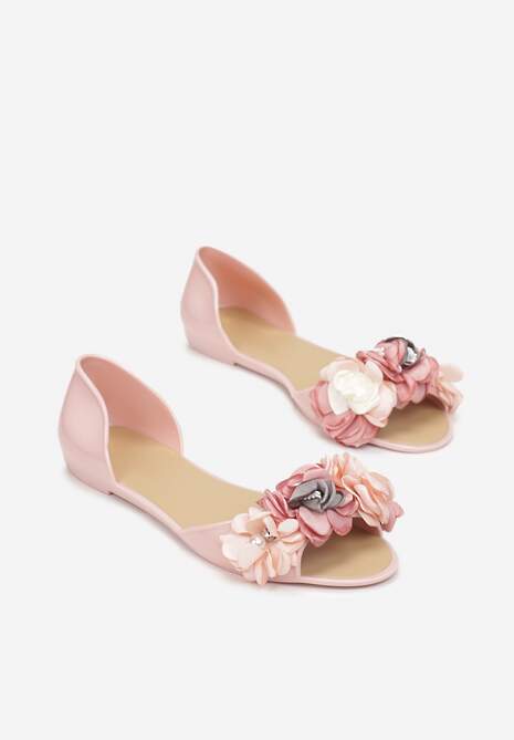 Różowe Balerinki Meliski Peep Toe z Kwiatową Aplikacją Idalina