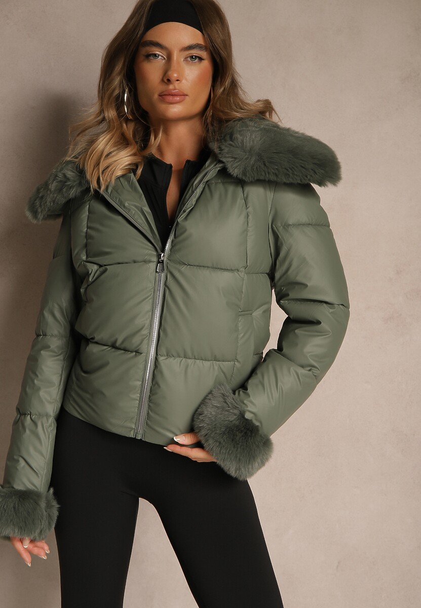 Zielona Kurtka z Pikowanymi Przeszyciami i Szerokim Kołnierzem z Futrem Galaressa
