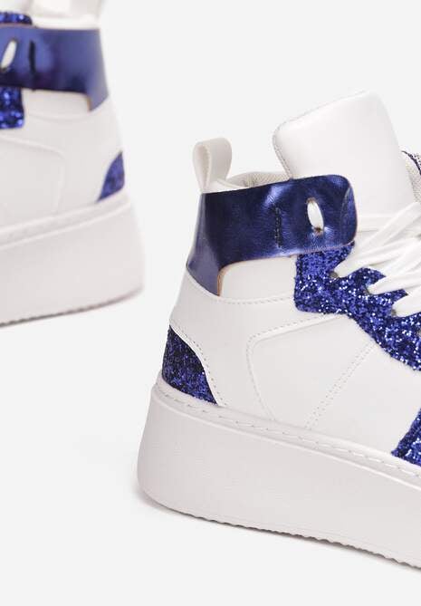 Biało-Granatowe Sznurowane Sneakersy za Kostkę z Brokatem i Metalicznymi Wstawkami Sareena