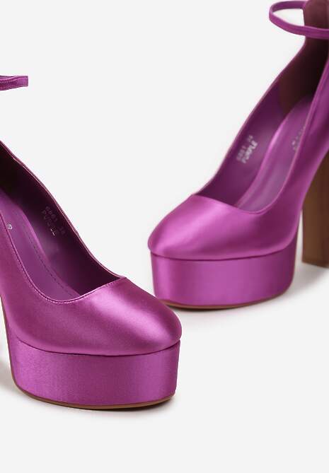 Fioletowe Czółenka Satynowe na Platformie i Słupku Enalae