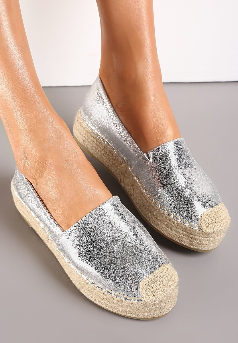 Srebrne Plecione Espadryle na Grubej Podeszwie z Lakierowaną Cholewką Noem