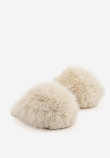 Beżowe Miękkie Kapcie Ozdobione Długim Włosiem Cendria