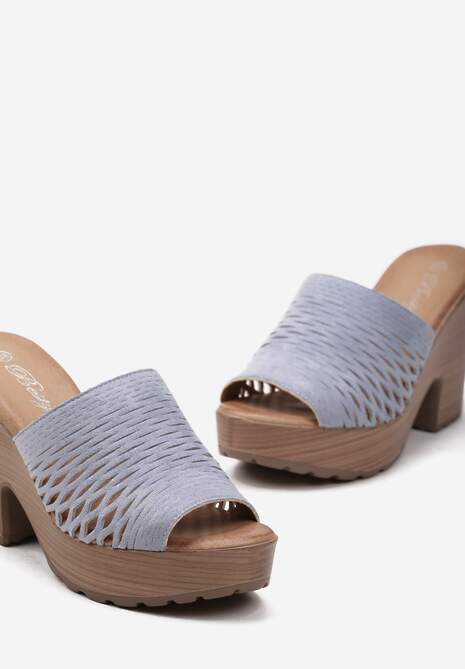 Niebieskie Ażurowe Klapki Chodaki na Platformie i Słupku Sabinna
