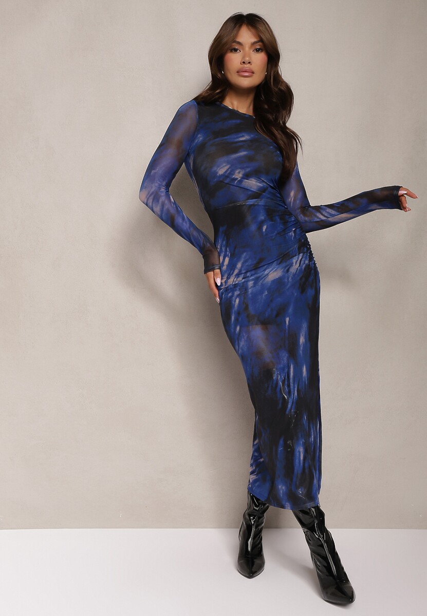 Czarno-Granatowa Siateczkowa Sukienka Dopasowana Długa z Rozcięciem na Boku Telnut