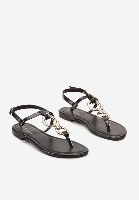 Czarne Płaskie Sandały z Ekoskóry Zapinane na Sprzączkę z Ozdobnymi Aplikacjami Viruna