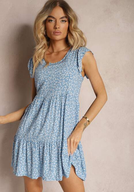 Niebieska Rozkloszowana Sukienka z Bawełny Ozdobiona Falbanką Crisandra