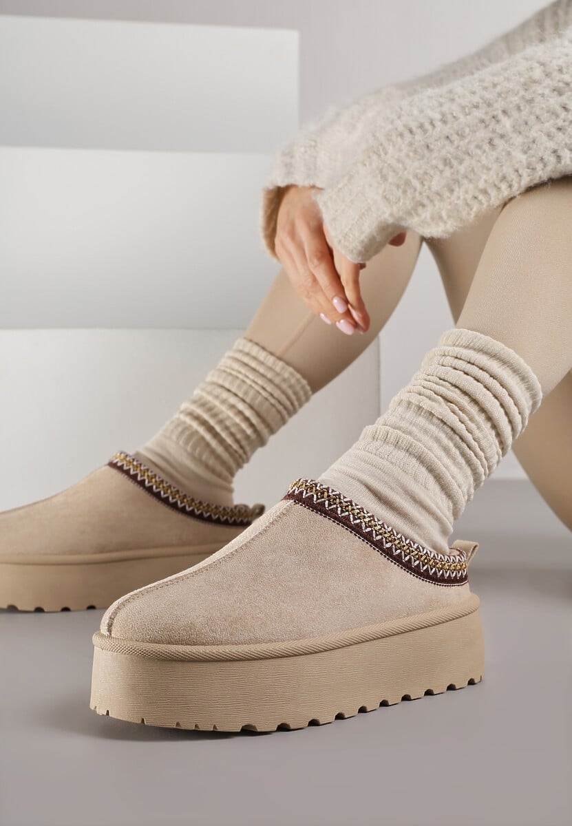 Brązowe Śniegowce na Platformie Ozdobione Haftem i Niską Cholewką Reanessa