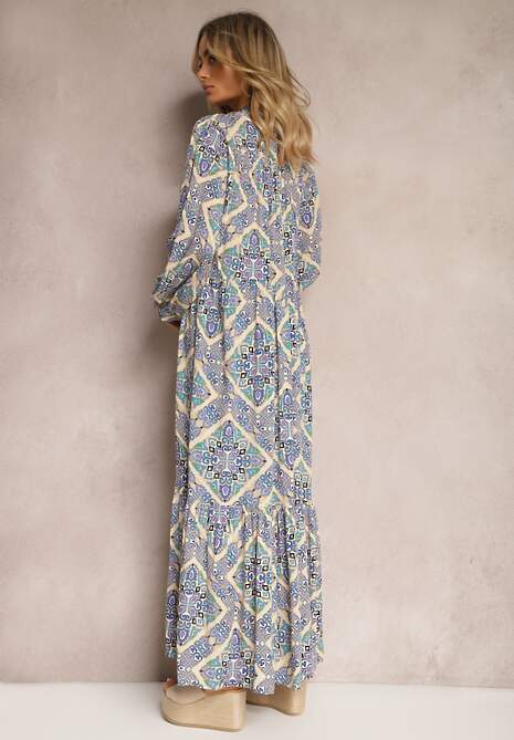 Niebiesko-Beżowa Wiskozowa Sukienka o Rozkloszowanym Kroju z Falbanką i Guzikami Orines