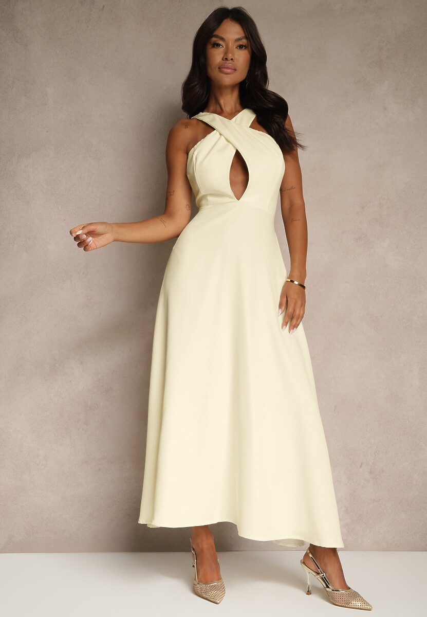 Żółta Koktajlowa Sukienka z Wiskozą i Dekoltem Halter Dolmanna