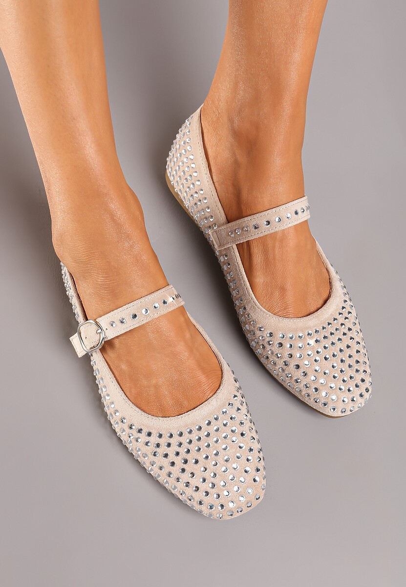 Beżowe Balerinki na Płaskiej Podeszwie Ozdobione Cyrkoniami i Regulowanym Paskem Nenivia