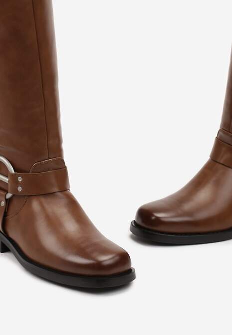 Jasnobrązowe Kozaki Biker z Kwadratowym Noskiem i Ozdobną Klamerką Verveli