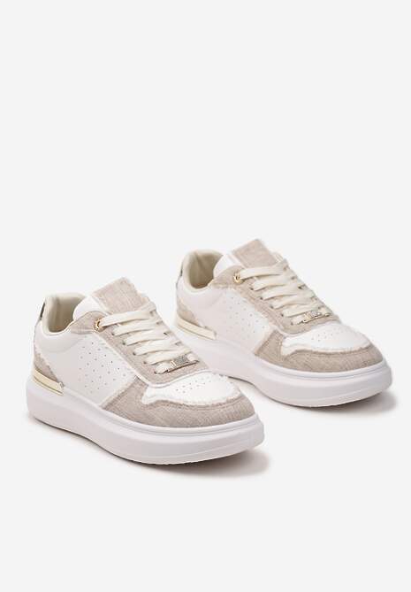 Biało-Beżowe Sneakersy Ozdobione Wstawkami z Materiału i Aplikacją z Cyrkonii Eephira