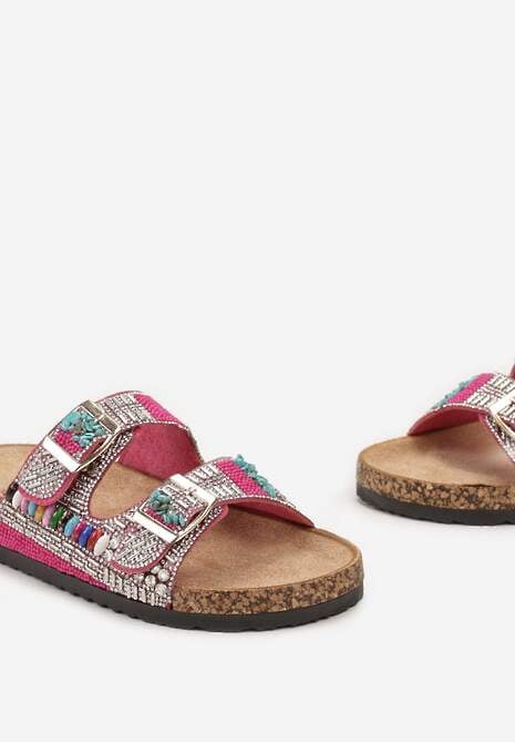 Fuksjowe Klapki ze Sprzączkami Ozdobione Kryształkami i Koralikami  Paura