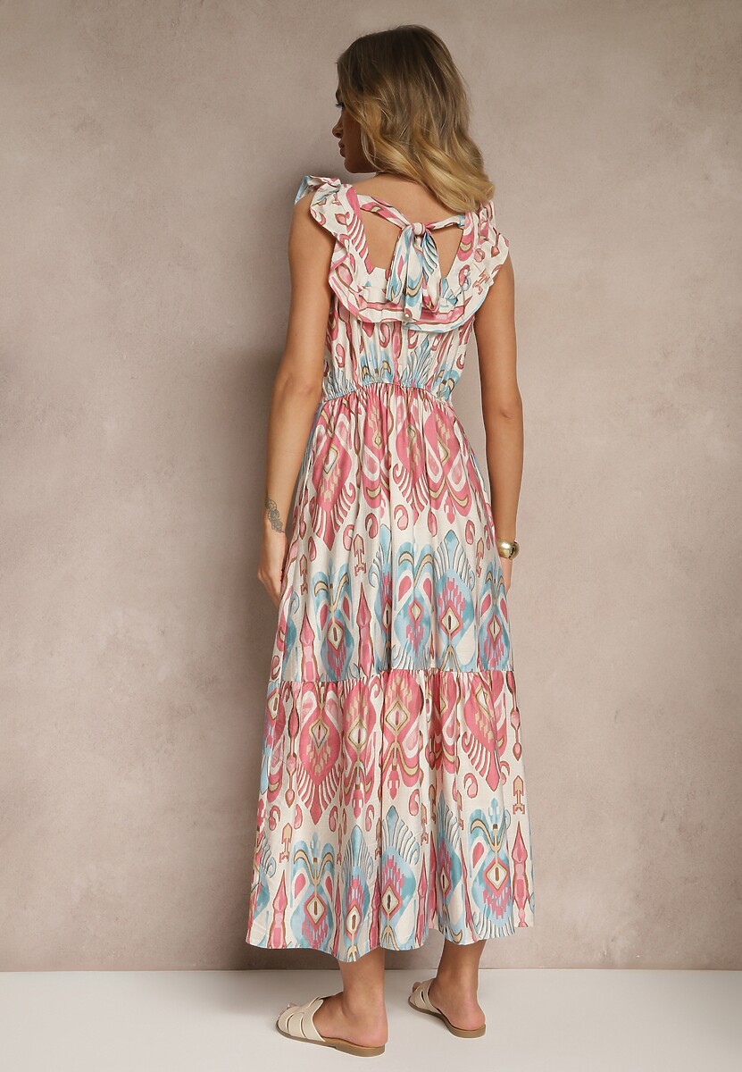 Różowa Sukienka Rozkloszowana Wiskozowa Wiązana na Plecach we Wzór Boho Turieza