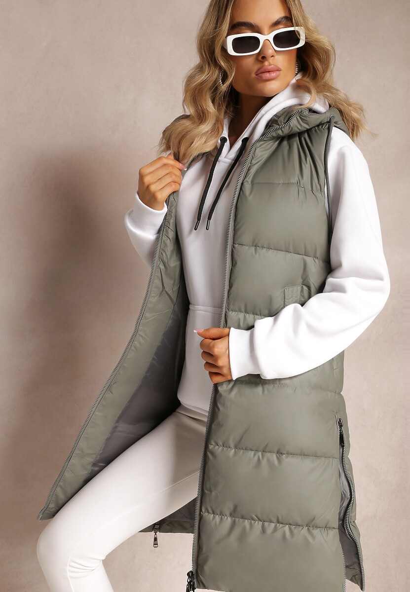 Beżowa Długa Kamizelka Pikowana z Nieodpinanym Kapturem Faelissa