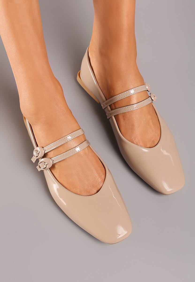 Beżowe Balerinki Płaskie Lakierowane z Paskami na Sprzączkę i Kwadratowym Noskiem Mailene