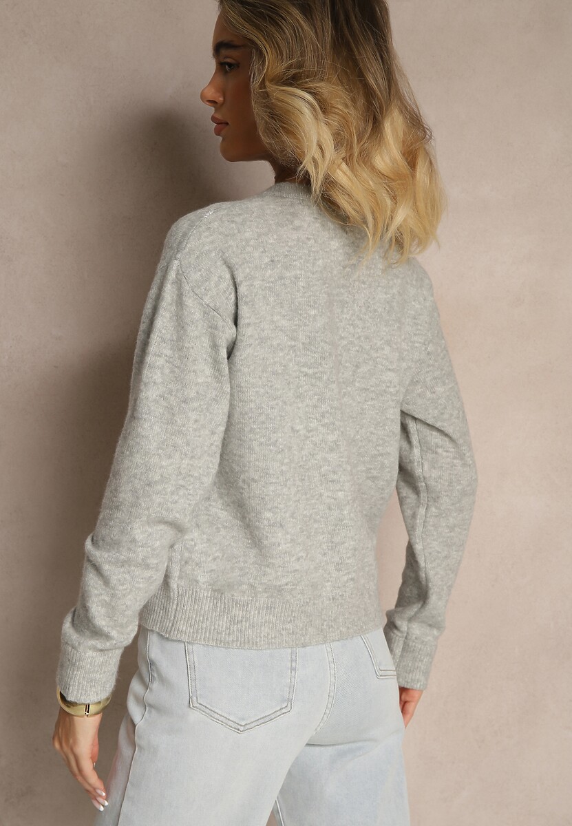 Szary Klasyczny Kardigan z Zaokrąglonym Dekoltem Reonira