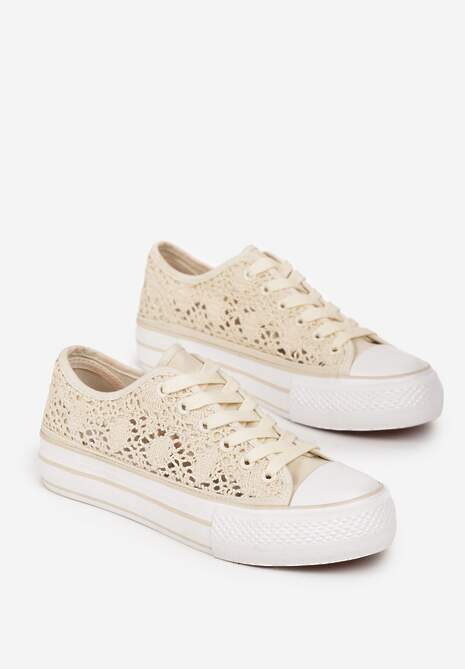 Beżowe Trampki Przed Kostkę z Ażurową Cholewką Shiliarre