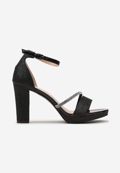 Czarne Sandały na Obcasie Ozdobione Brokatowym Połyskiem i Cyrkoniami Sevana
