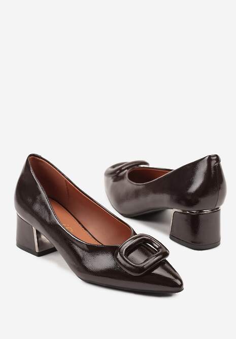 Brązowe Czółenka Vices na Słupku z Wkładką ze Skóry Naturalnej i Klamrą Apanelle