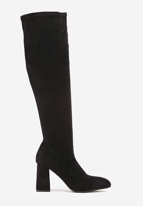 Czarne Dopasowane Kozaki Vices z Imitacji Zamszu na Słupkowym Obcasie Avvie