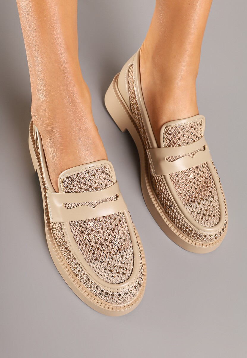 Ciemnobeżowe Mokasyny przed Kostkę Ozdobione Cyrkoniami i Siateczką Senareth