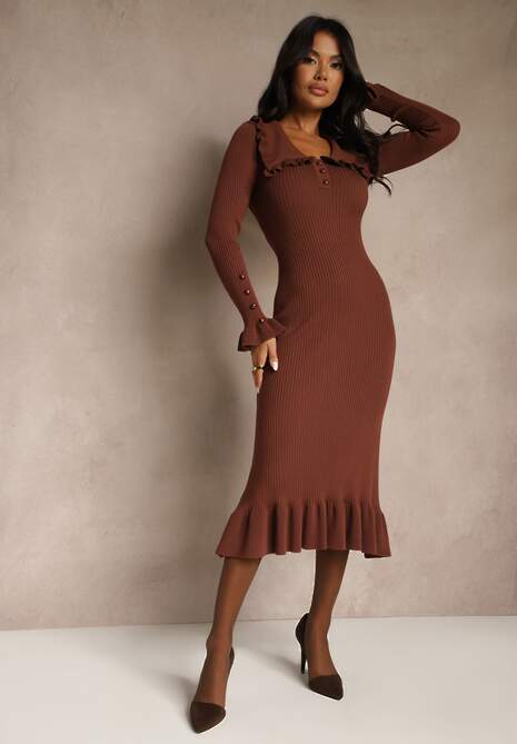 Brązowa Sweterkowa Sukienka Midi z Wywiniętym Kołnierzem i Falbankami Totfara