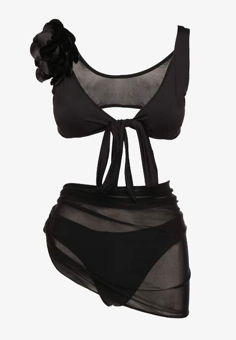 Czarne Bikini Majtki Figi Biustonosz z Broszką Kwiatu 3D i Siateczkowe Pareo Folissa