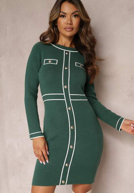 Zielona Dzianinowa Sukienka z Guzikami i Przeszyciami Josphinne