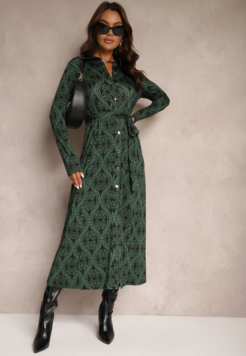 Zielona Wzorzysta Sukienka z Wiskozą o Koszulowym Kroju Ozdobiona Wiązanym Paskiem Evelitha