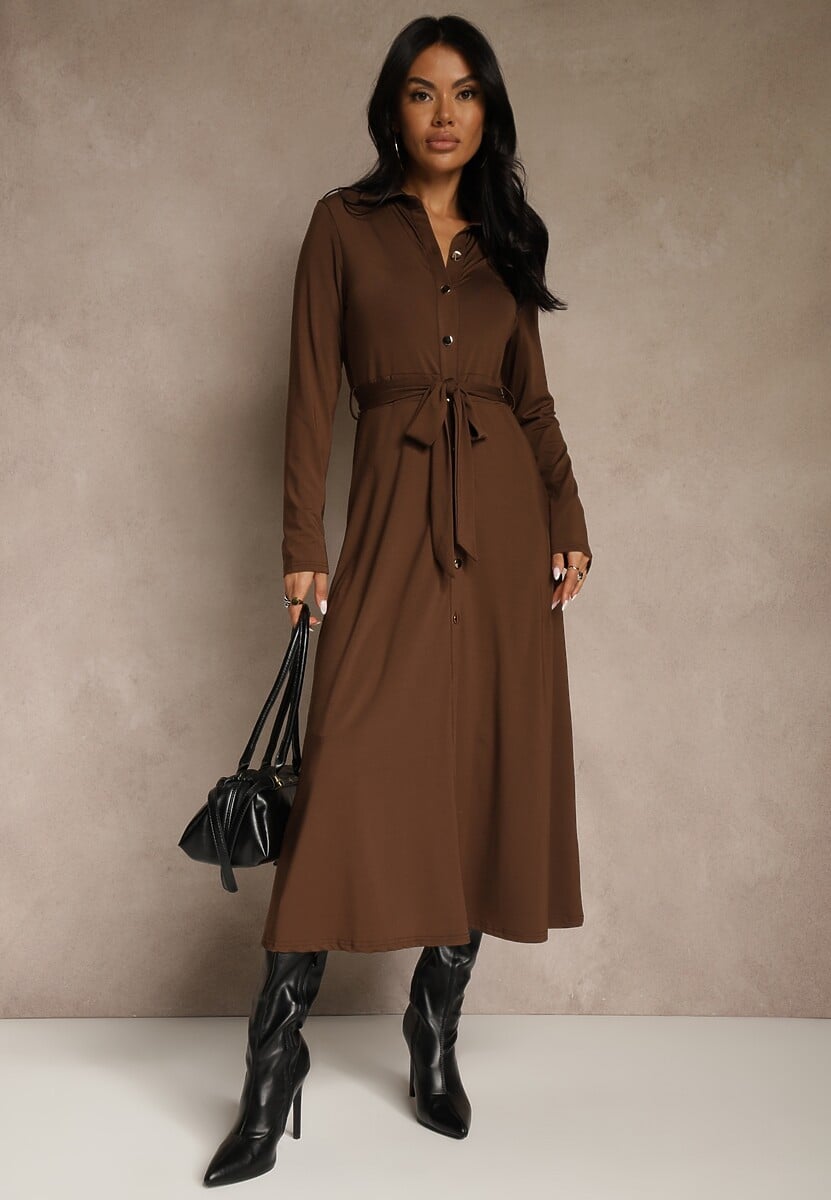 Ciemnobeżowa Długa Sukienka Koszulowa z Wiązaniem w Talii Levae