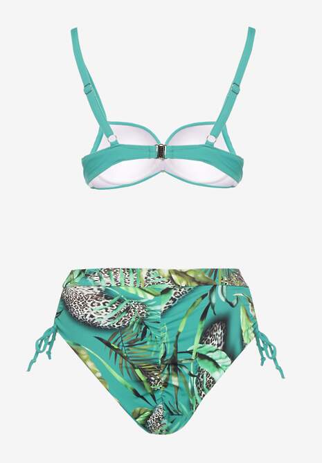 Ciemnozielone Bikini z Motywem Roślinnym Biustonosz i Majtki Figi ze Ściągaczami Sadorene
