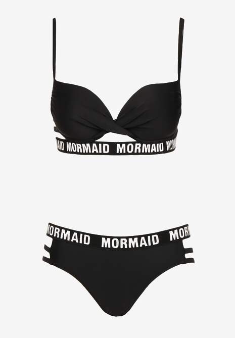 Czarne Bikini z Supełkiem na Biustonoszu z Ozdobnymi Paseczkami i Napisami Bibalia