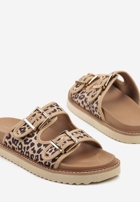 Beżowe Panterkowe Casualowe Klapki z Paskami ze Sprzączkami Palamara