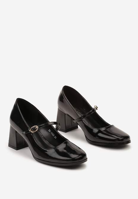 Czarne Lakierowane Czółenka na obcasie z Ozdobnym Cienkim Paskiem Noobeta