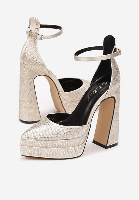 Beżowe Sandały w Cyrkonie na Platformie i Słupku Irmeli