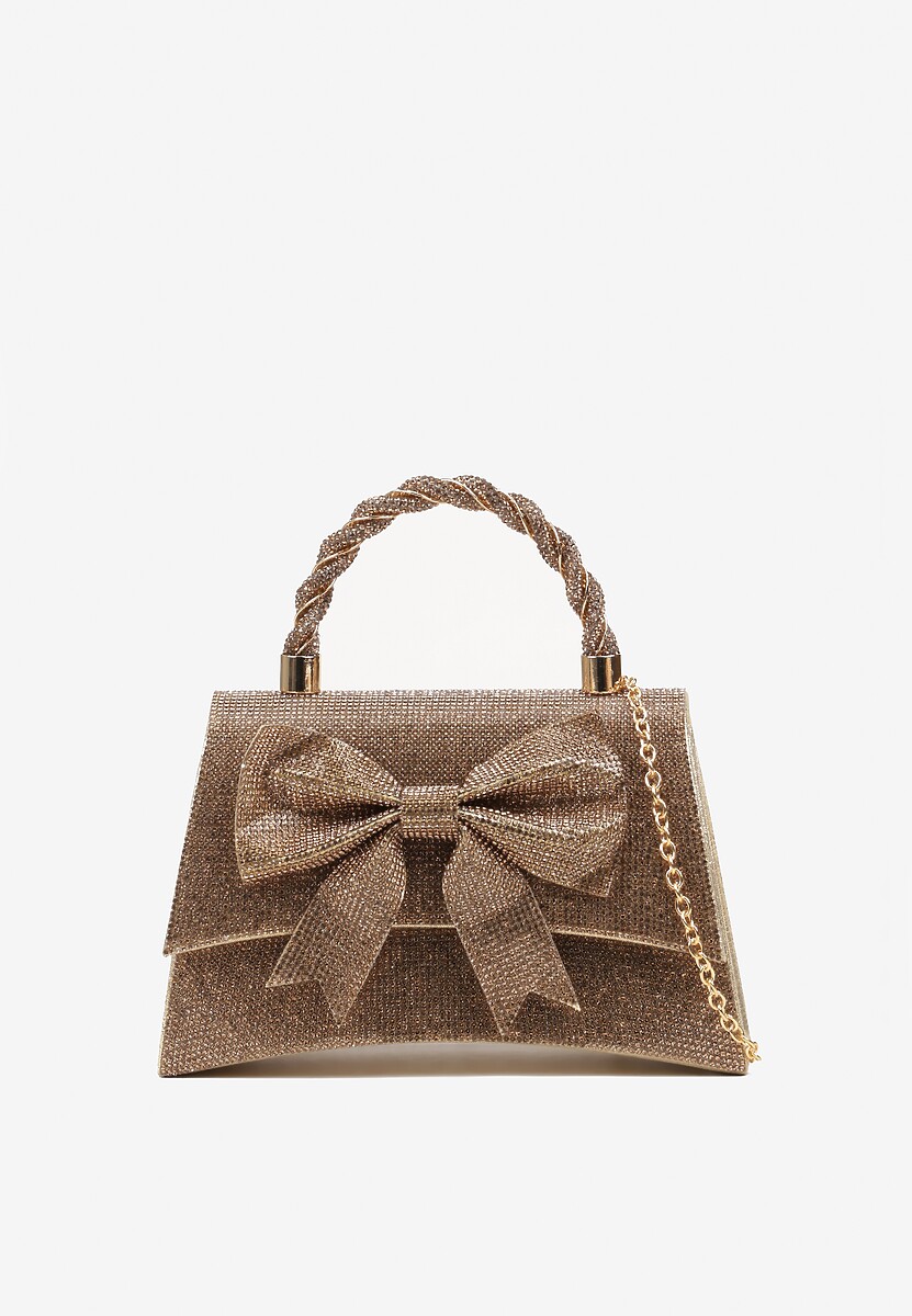 Złota Torebka Kopertówka Ozdobiona Cyrkoniami i Kokardą Deolire