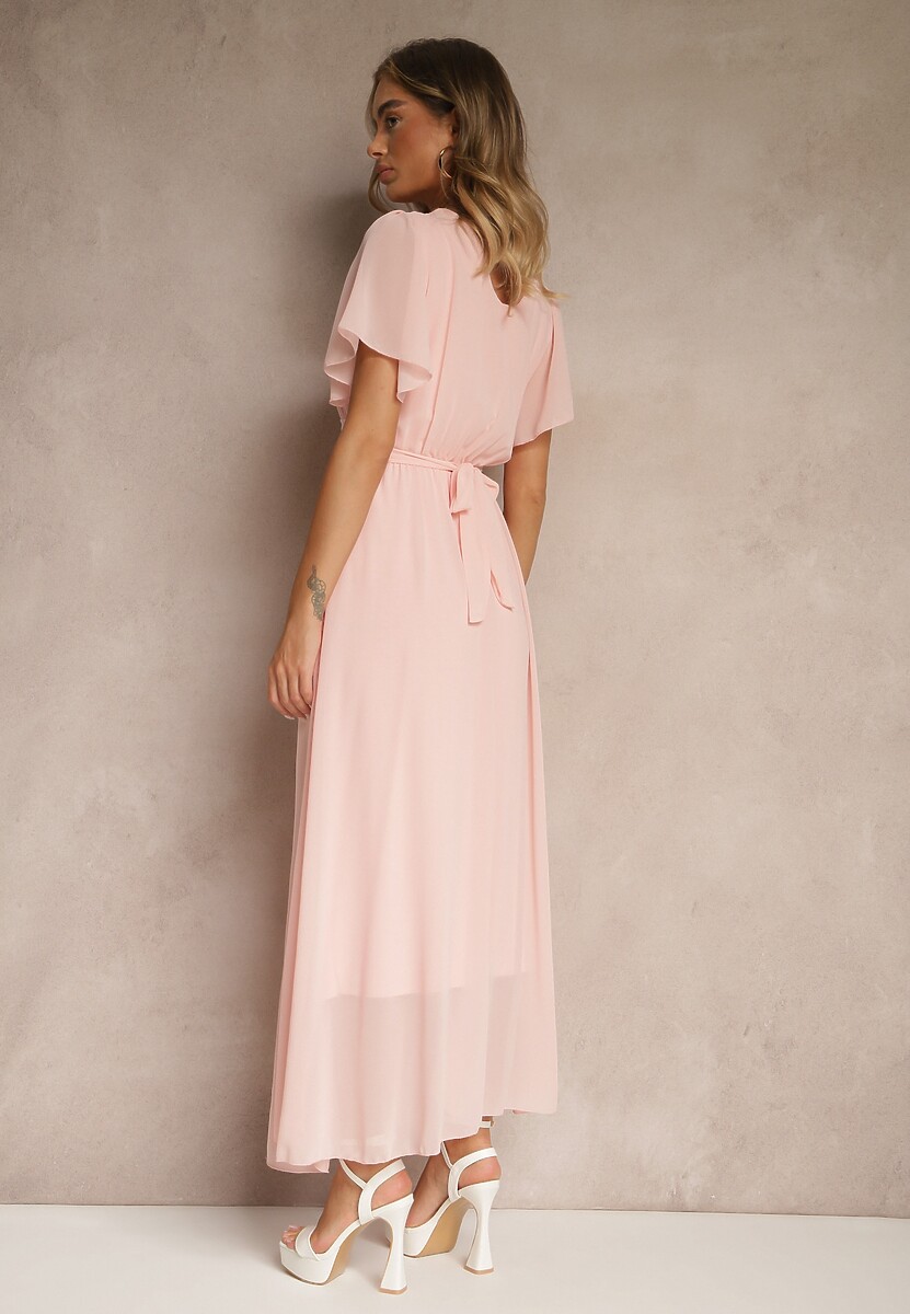 Różowa Rozkloszowana Sukienka z Kopertowym Dekoltem Obillis