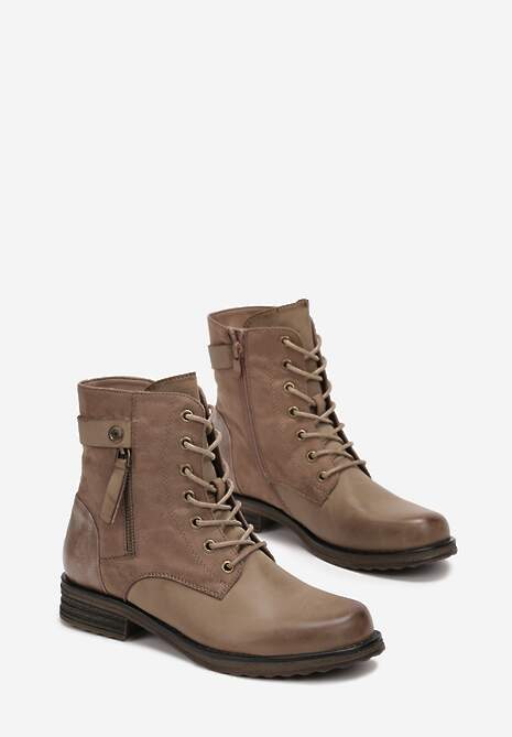 Ciemnobeżowe Botki Workery Ozdobione Suwakiem i Wstawkami z Imitacji Zamszu Esanotte