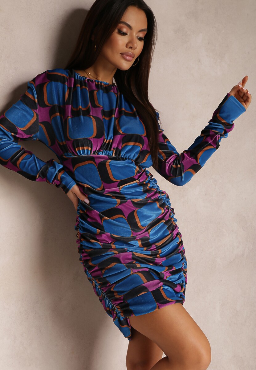 Brązowo-Zielona Sukienka z Drapowaniem w Geometryczny Wzór Biyo