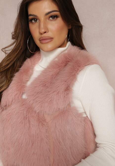 Różowa Futrzana Kamizelka z Wstawkami z Ekoskóry Lewja