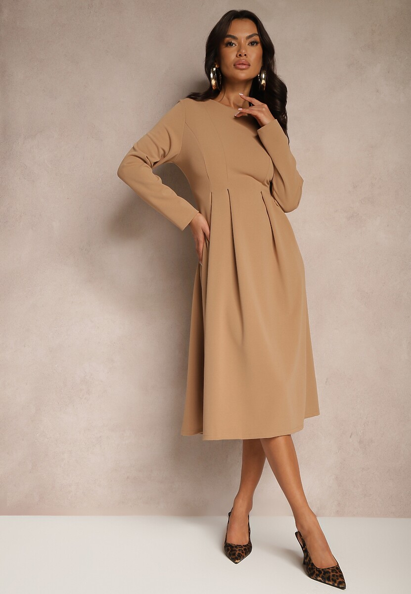 Ciemnobeżowa Rozkloszowana Sukienka w Eleganckim Stylu Temilissa