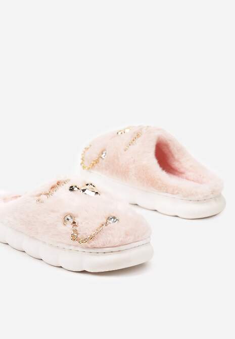 Różowe Kapcie na Płaskiej Podeszwie z Futerkiem Ozdobione Łańcuszkiem i Cyrkoniami Reanivia