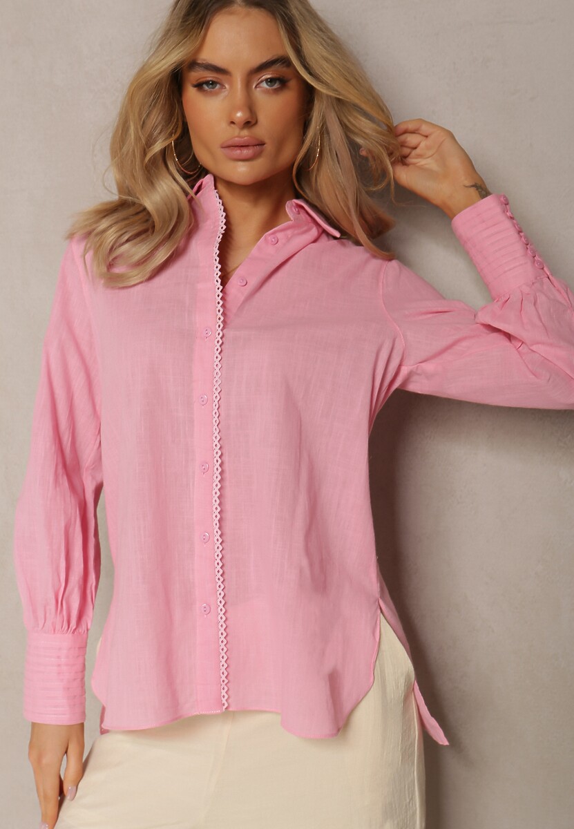 Różowa Koszula z Bawełny z Ozdobnym Haftem Przy Guzikach Gevindia