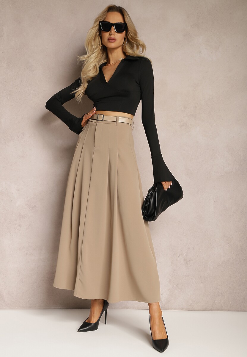 Beżowa Rozkloszowana Spódnica Maxi z Paskiem na Klamrę Sadalin