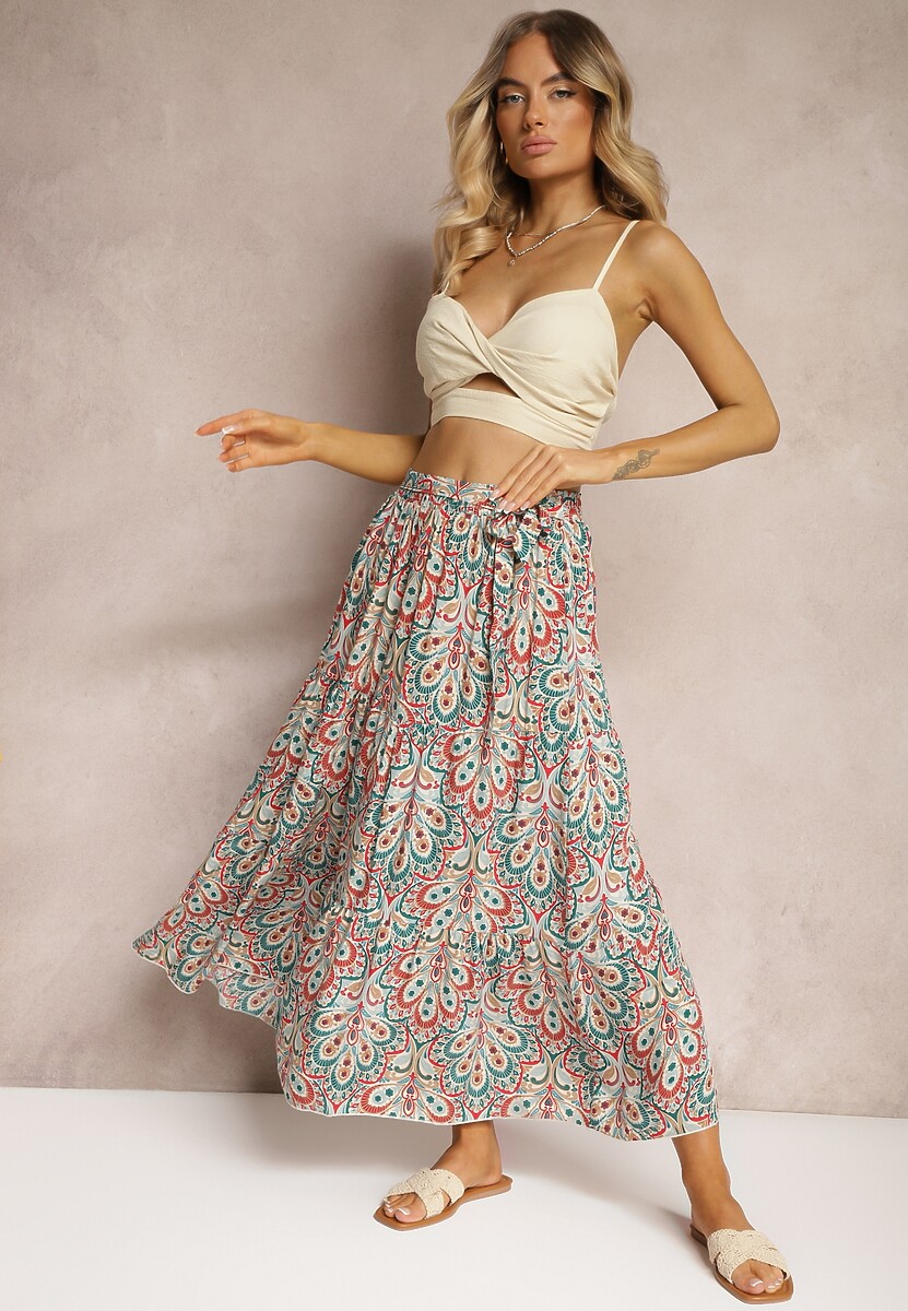 Miętowa Wiskozowa Spódnica Maxi z Gumką w Talii z Materiałowym Paskiem Annalicia