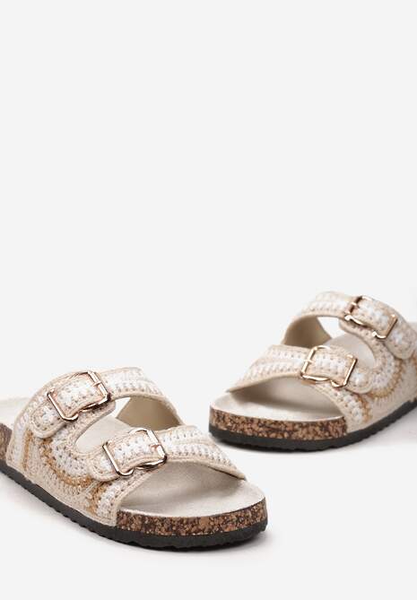 Beżowe Klapki Ozdobione Wzorem na Szydełku z Korkową Grubą Podeszwą i Klamrami Kanthe